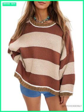 Womens Oversized Striped Chunky Knit Crewneck Pullover Sweater